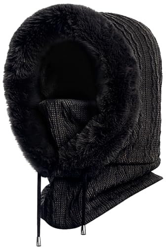 XYIYI Schwarz Damen Stricken Beanie Warmer Fleece Kapuzenschal Winter Balaclava Pullover Gestrickte Mütze Maske Set mit Kordelzug