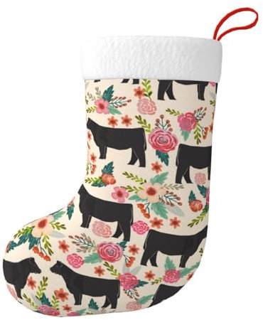 OPSREY Weihnachtsstrumpf mit rosa Blumenmotiv und Kühen und Rindern, 45 cm, mit weißem Plüschrand