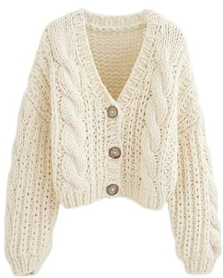 AYAZER Hauts en Tricot épais Faits à la Main pour Femmes, Cardigan Court en Tricot, Pull rétro à Manches Longues, Veste Chic-Beige-Taille Unique