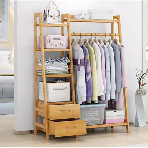 Kleiderständer Bambus Mit Schubladen,Garderobenständer Wäscheständer Offener Kleiderschrank Boden Kleiderbügel Garment Rack Für Schlafzimmer Flur, Tragfähigkeit 100kg, 90/110/130cm