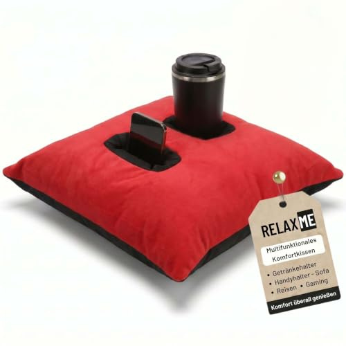Nurtextil24 Relax ME Kissen Getränkehalter Sofakissen 40x40 cm RotSchwarz | Multifunktional Allzweckkissen -Tablett & Getränkebehälter- Tolles Geschenk Idee - Sofakissen, Kopfkissen, Reisekissen