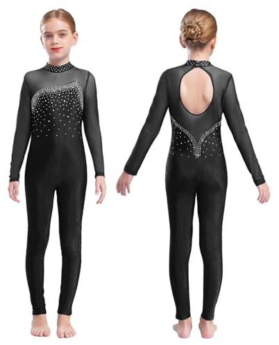 Fldy Kids Girls Gymnastics Leotard Long Sleeve Catsuit Athletic Jumpsuit Full Length Bodysuit Ballet Dance Unitard Black 5-6 Years