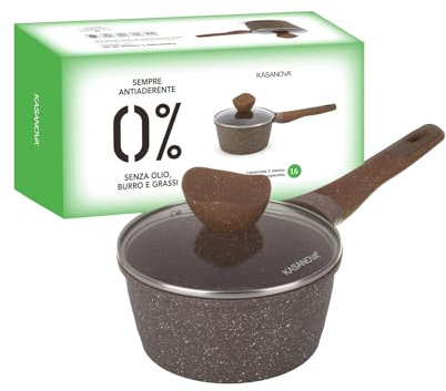 KASANOVA Casseruola antiaderente 0 Grassi, tegame per induzione, con coperchio, rivestimento antiaderente, tegame acciaio inox in forno fino a 250 °C (16 cm)