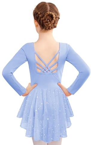 Zaclotre Leotards for Girls Long Sleeve Ballet Dress Criss-Cross Back Dance Outfits with Shinny Skirts Blue 4-5T