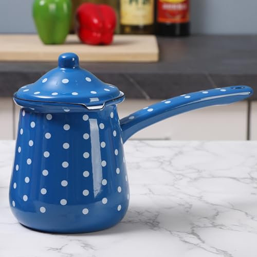 BURLOE Caffettiera Turca Smalto, Latte E Scaldacaffè Smaltato Falò Caffettiera Bollitore Elettrico Mini Burro Melting Pot,Blu,M