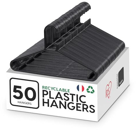 Iris Ohyama, Grucce in Plastica Salvaspazio, Robuste e Antiscivolo, Lotto di 50, Nero, Senza BPA, Appendini Versatili e Durevoli per Camicie, Giacche, Vestiti e Pantaloni, CHM-39