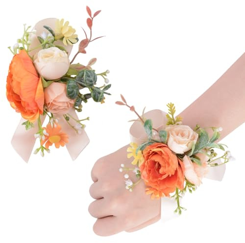 URROMA Ansteckblume für Handgelenk, 2 Stück, Orange und Beige, Rosen-weißes Band, künstliche Ansteckblumen, Armband, Simulationsrosen