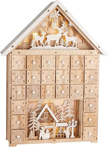 BRUBAKER Adventskalender zum Befüllen - Weihnachtshaus 2026 - Weihnachtskalender aus Holz mit LED Beleuchtung - Rentiere im Wald, Schnee Dorf mit Kindern - 40 cm Haus Kalender Beleuchtet