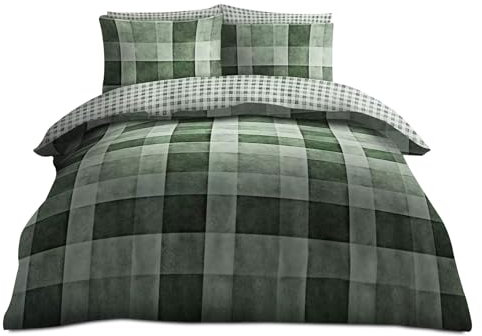 VELVETIO Denim Check Beddings Duvet Cover and Pillowcases, Soft Reversible Tartan Checked Quilt, Breathable Printed Blocks Checkered Lightweight Bed linen Comforter Set, King Size, Green