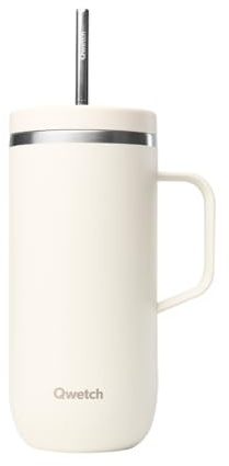 QWETCH - Cold Cup 600ml avec Poignée et Paille - 24h Glacé & 12h Froid - Sable - Gourde Isotherme en Inox, Tasse Thermo Café