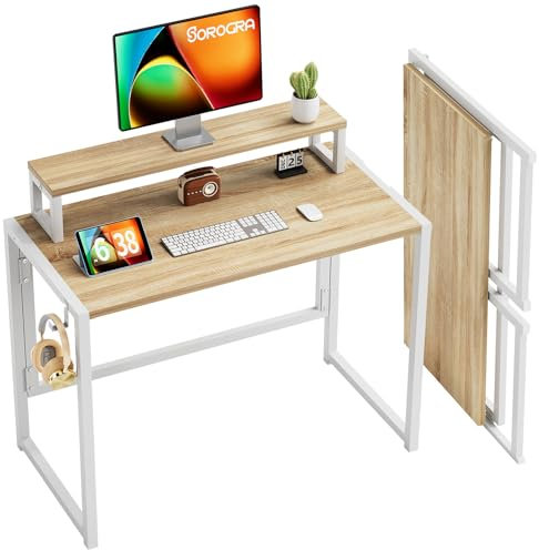 SOROGRA Petit Bureau Pliable 80 cm, Bureau d’Ordinateur Pliant avec Support Moniteur pour Le Travail à Domicile, Table Portable pour Petits Espaces, Facile à Assembler, Beige