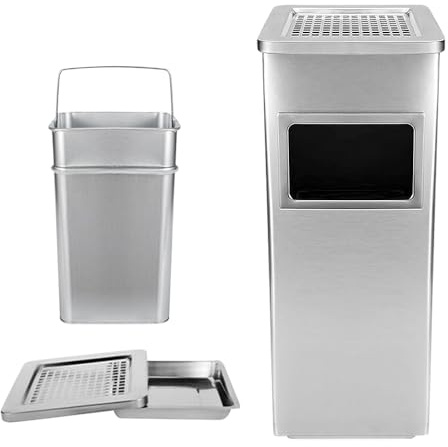 HUOLE Cenicero de Pie Rectangular para Exteriores de Acero- Cenicero Exterior con Papelera Extraíble. Papelera con Rejilla para Apagar Cigarrillos. 35L-24 * 24 * 60 cm-1 ud.-plata