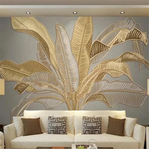 WEIMEIJIE Papier peint mural 3d feuille de bananier, plante légère, luxe, ligne en relief doré, décoration murale de fond pour salon et chambre à coucher