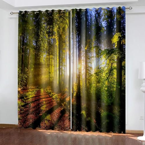 Beydodo Gardinen Verdunklung 2er Set 214x229CM, Vorhänge Blickdicht mit Ösen Landschaft Sonnenaufgang Wald und Pfad Verdunklungsvorhänge Schlafzimmer Jugendzimmer