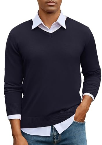 iClosam Pull Col V Homme Hiver Pull Coton Chaud Sweatshirts Uni Regular Fit Bleu Foncé L