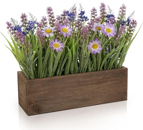Oairse Artificial Lavender & Daisy Flowers in Wooden Box, Faux Wildflower Arrangement in Rustic Planter, Lifelike Artificial Flowers for Table Centrepiece, Windowsill, Shelf, Farmhouse Kitchen Decor