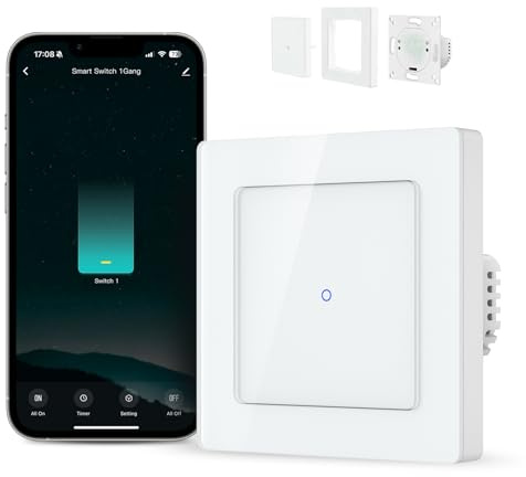 MIUCDA Smart Touch Lichtschalter WLAN 55x55mm 1 Fach 1 Weg Kompatibel mit Alexa und Google Home Sprachsteuerung，Timing-Funktion, Smart Life APP Fernsteuerung (2,4GHz WiFi, Neutralleiter Erforderlich）