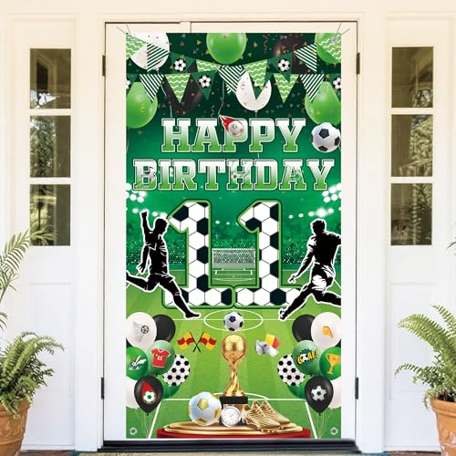 Fussball Deko 11 Geburtstag Kinder Banner - Happy Birthday Fußball Geburtstagsdeko, Grün Großes Fotografie Hintergrund für Jungen Kindergeburtstag Indoor Outdoor Sport Party (180 × 90cm)