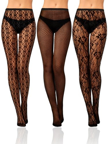 Bencailor 3 Pairs Women Rhinestone Fishnet Stocking Floral Tight Legging Black Small Hole Pattern High Pantyhose Waist Lace(Black,Small,Classic Style)
