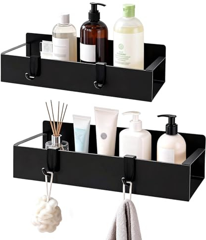 Valyrane 2 Piezas Estante de Ducha sin taladrar, Negro, Estante de Almacenamiento de baño Inoxidable, Estante para champú y Gel de Ducha, Cesta de Ducha de Metal Negro Mate, con 4 Ganchos