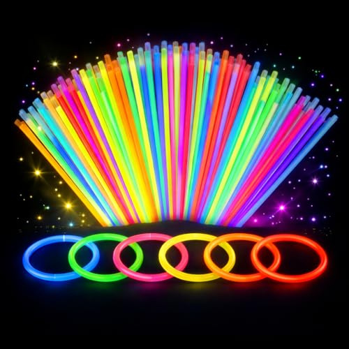 UKIUAN 100 barras Luminosas, Pulseras y collares luminosos Fluorescentes para Fiestas, glow, Colores Neón Variados, 100 sticks y 100 conectores, fiesta, cumpleaños, celebraciones