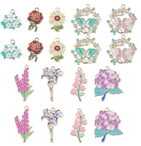 Hobbspring 18 ciondoli smaltati a forma di fiore, 9 stili, primaverili ed estivi, colorati, girasole, margherita, giglio, viola, per gioielli, collane, bracciali, fai da te