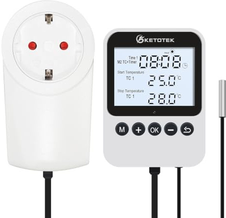 KETOTEK Presa Termostato Giorno/Notte con Timer 220V, Riscaldamento/Raffreddamento Regolatore di Temperatura Digitale, Sonda 3M, Design Separato, 3 Modalità per Rettili Terrario Serra Incubatrice