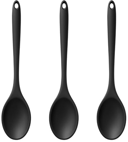 3PCS Silicone Spoon, Silicone Serving Spoon Nonstick Kitchen Spoon, Black 27.5 * 5.5cm Heat Resistant Silicone Cooking Spoon Set, Cooking Spoon Kitchen Utensils for Stirring Mixing Serving