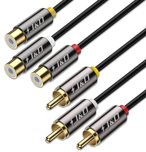 J&D Câble rallonge Audio/vidéo 3 RCA, Audio stéréo 3 RCA vers 3 RCA, Coque en cuivre plaqué Or, Très résistant, 3 RCA mâles vers 3 RCA Femelles, Câbles RCA, 1,8 m