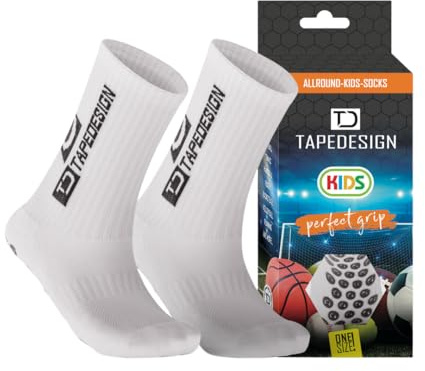 TAPEDESIGN - Classic Kids 1 Paar rutschfeste Kinder Fußball-Socken (Gr. 30 - 36) mit gummierten Noppen Weiß (One-Size) - Grip Fussball-Socken & Sport-Socken für Jungen, Mädchen & Jugendliche