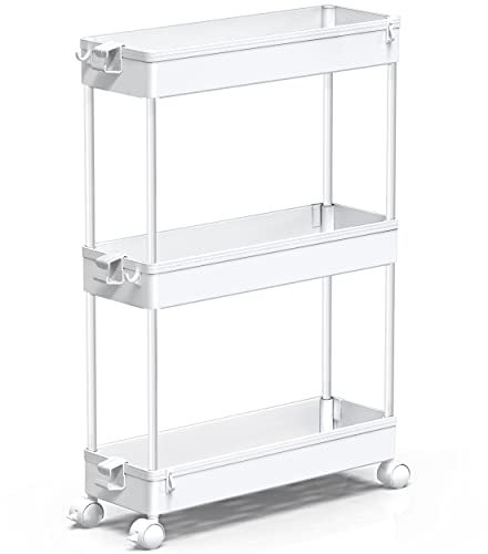 SPACEKEEPER Küchenwagen mit 3 Ebenen, Schmale Rollwagen Nischenregal auf Rollen, platzsparendes Badregal und Küchenregal für Küche Büro Bad, 40x13x61cm, Weiß