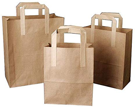 25 Brown Medium Size Paper Carrier Bags with Handles 8 x 10.5 x 4 | Brown Kraft SOS Block Bottom Bags | Takeaway Lunch Picnic Chinese Food
