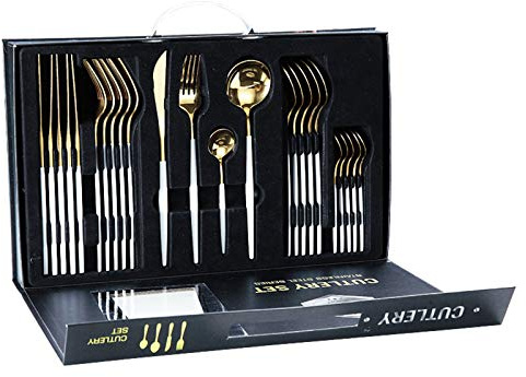 rismart Edelstahl 24 Teile Besteck Set Silberbesteck mit Messer, Kaffee Suppe Teelöffel, Gabeln Gold Weiß