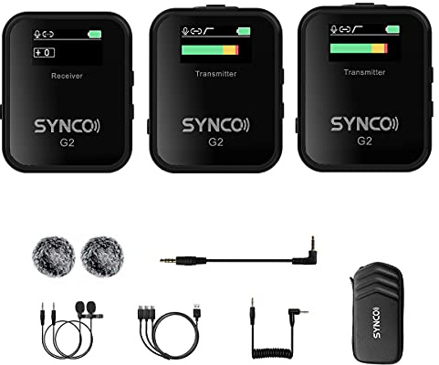 SYNCO G2 A2 2.4G Microfono Lavalier Wireless 1-Trigger-2 150Hz Low-Cut con Display OLED per Smartphone Laptop DSLR Tablet