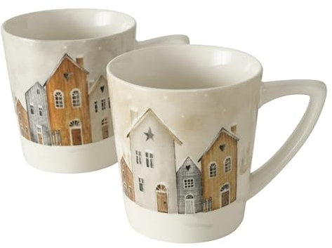 2er Set Kaffeetassen Häuser 300ml Porzellan b730 Tassen Design Weiss orange weiss Tassen Kaffeebecher Herbst winter Becher Jumbobecher Haus
