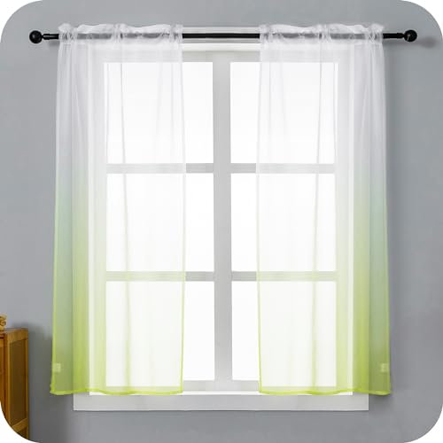 GIRASOLE HOME Coppia Tende Voile Semi Trasparenti Colore Sfumato Bianco e Verde Tenda per Soggiorno Camera Cameretta Cucina e Interni 2 Pannelli con Tasca 70x148cm