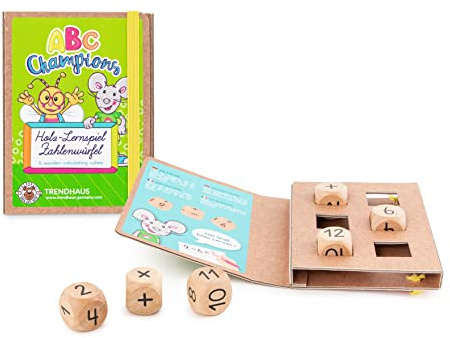 TRENDHAUS ABC Champions Holz-Zahlenwürfel, 6 Stück, Lernspiele zum Rechnen Lernen, Kleines Geschenk zum Schulanfang, 956408