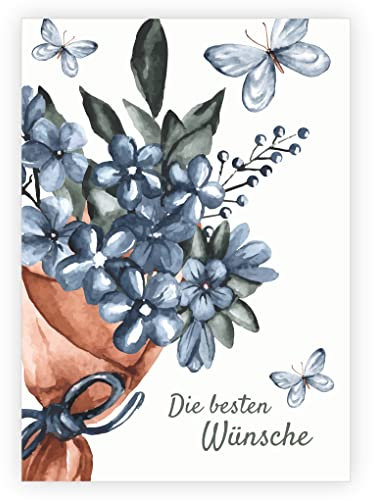 Kartenkaufrausch 10x Edle Glückwunschkarte mit Aquarell Blumenstrauß und Schmetterlingen passend zum Jubiläum, Rente, Geburtstag: Die besten Wünsche