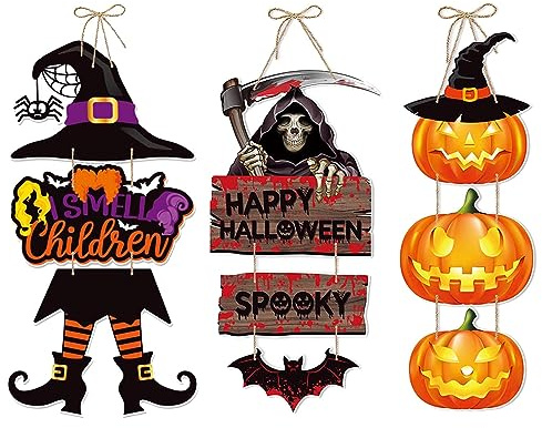SZQIUNUBI 3 Stück Halloween Hängende Schild Halloween Hängende Dekoration Halloween Hängende Geister Deko Halloween Tür AnhäNger für Halloween Tür und Fenster Dekoration