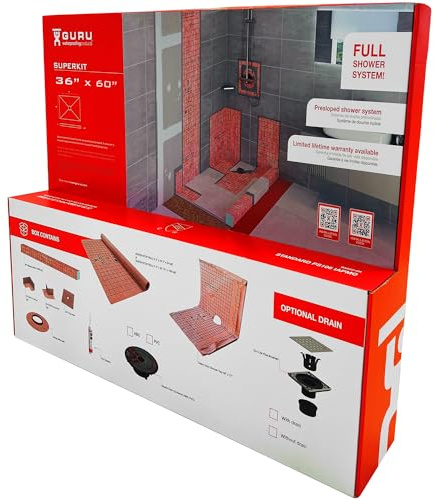 GURU USA SuperKit Square Complete Shower Kit with Heavy Duty Tray, Evo Lite Stainless Steel Drain, & Waterproof Membrane Roll, Bathroom Accessories, 36 x 60, Center Drain, PVC Connector