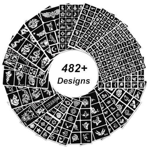 482+ Kit de pochoirs de tatouage, 20 feuilles de henné, réutilisables, pochoirs de tatouage temporaire pour femmes et filles, peinture du visage, art du corps, pochoirs à paillettes