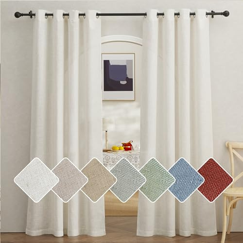 PONY DANCE Linen Curtains for Living Room Ösenschal 2er Set H 200 x B 140 cm Creme, Halbtransparente Leinen Gardinen für Wohnzimmer/Schlafzimmer Leinenvorhang Boho Style