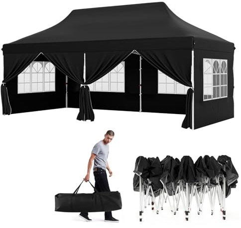 GOPLUS Tonnelle Pliante 3x6m Imperméable, Tonnelle Barnum Pliante 3x6 de Jardin Exterieur, Sac de Transport, Sac Lesté, Pavillon de Jardin Pop-Up pour Fête, Mariage (Noir|6 Bâches)