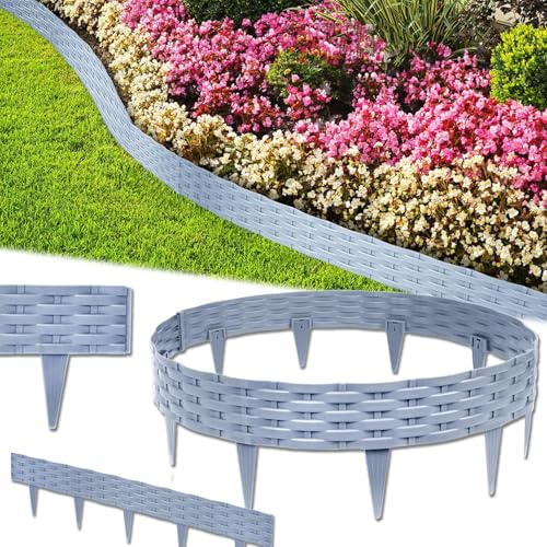 VA-Cerulean Kunststoff Rasenkante, 30M Rattan-Optik Beeteinfassung, Beetumrandung Palisade, Gartenpalisade, Beetzaun, Randsteine, Fencepanel, Grau,1 Element (L x H): 100 x 20cm, 30 Stück