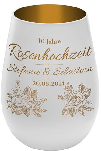 Windlicht mit Gravur ''10 Jahre Rosenhochzeit'' - Weiß/Gold - Glas Teelichthalter personalisierbar mit Wunschtext - Geschenk zu Hochzeit Jahrestag Jubiläum
