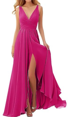 Vestidos de fiesta acampanados con cuello en V, sin mangas, para invitados de boda, color fucsia, talla 26