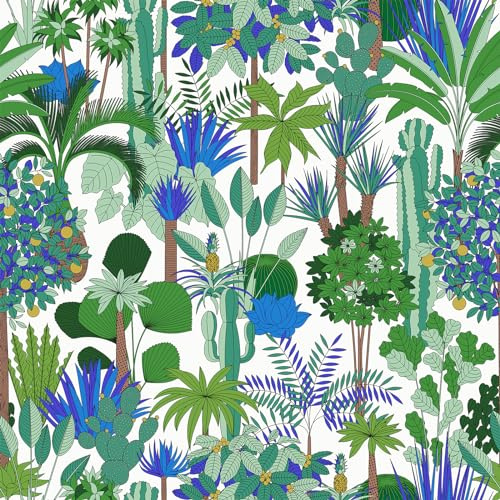 VEELIKE Tapete Wald Blau Grün Fototapete Blumen Tapete Blätter Kaktus Tropische Baum 44.5 cm × 300 cm Mustertapete Wandtapete Wald Dschungel Klebefolie Küche Schlafzimmer Badezimmer Wohnzimmer