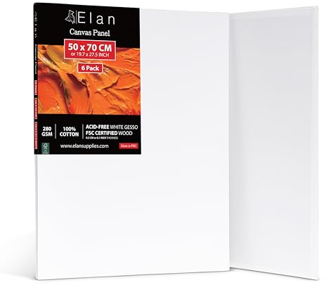 Elan Malkarton 50x70 6er Set, 3mm Leinwand zum Bemalen 280g/m² | 3mm Dickes Malpappe Bespannt mit 280g/m² Baumwolle, Säurefrei, Dreifach Grundiert, Leicht und Perfect für Anfänger