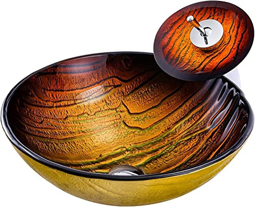 Bagno soprapiano Lavabi Lavabo Rotondo For Guardaroba, Lavandino Da Appoggio Antico In Vetro Temperato Con Rubinetto A Cascata E Scarico Combinato, Elegante E Funzionale
