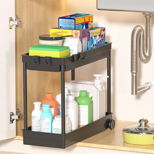 Under Sink Organizers and Storage：Black Tier Sliding Cabinet Basket Organizer Drawer with Hooks, Multi-Purpose Under Sink for Bathroom Home Kitchen Desktop (1 PACK)